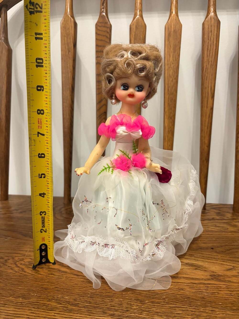 Vintage 1960s Blonde Boudoir Doll in White and Pink Gown